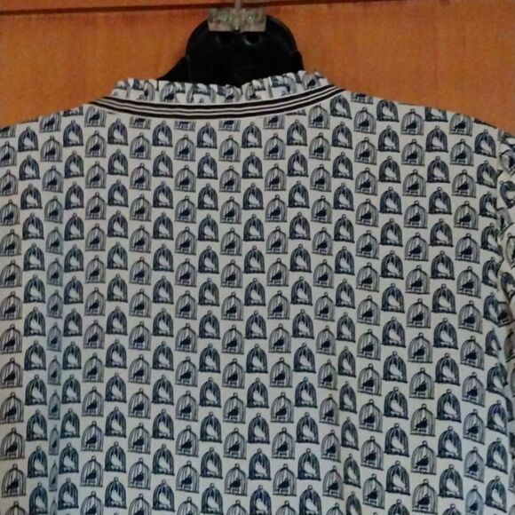 Talbots Women   Cream & Blue Birdcage  Long Sleeves Blouse SizeL - Picture 7 of 13